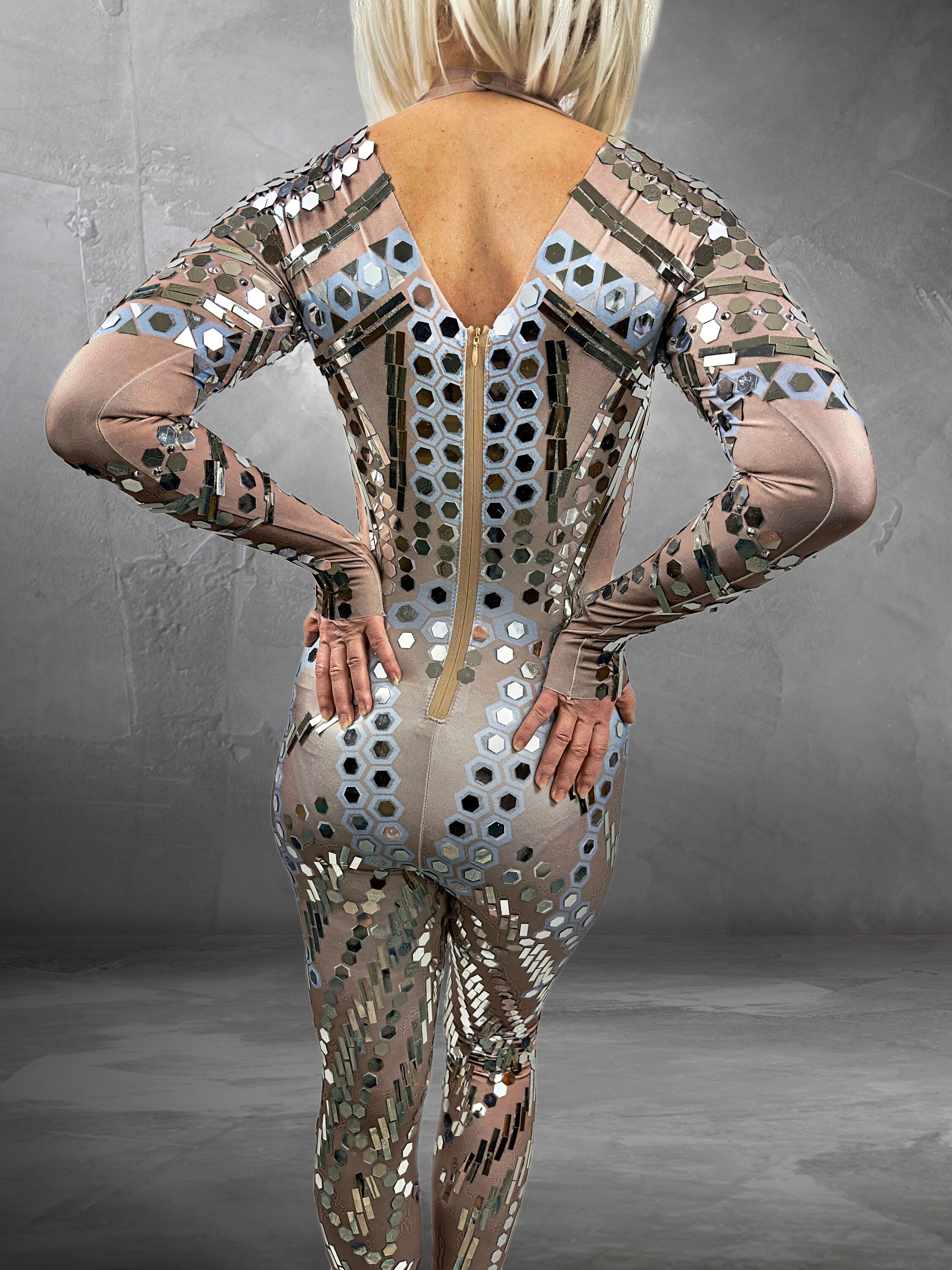 Trinity Reflective Sequins Jumpsuit / Nude Disco Bodysuit / Futuristic Festival Halloween Catsuit Burning Man Mirror NYE Costume Cyber Punk