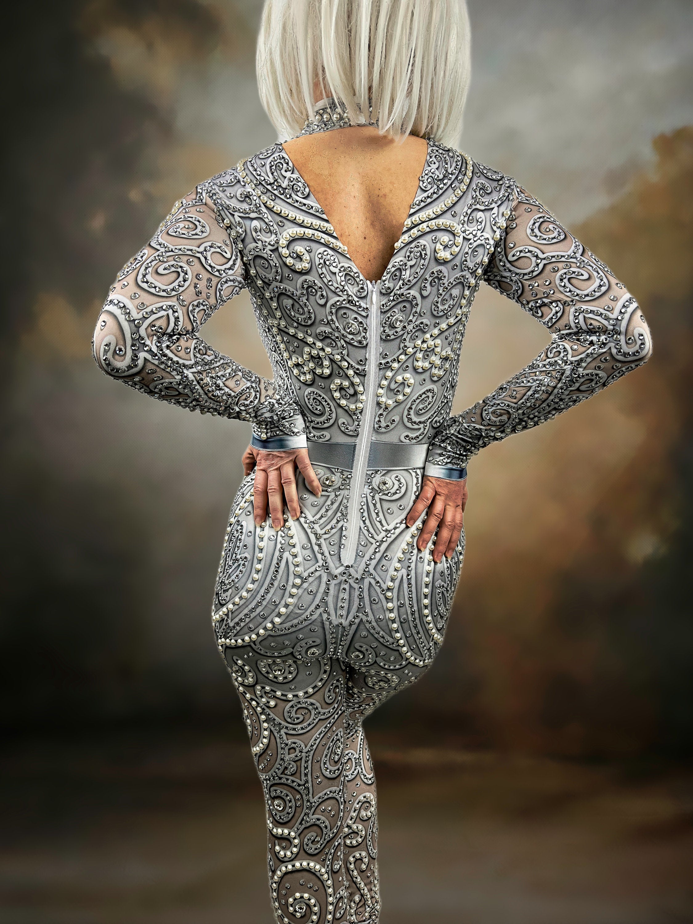 Venus Rhinestone Bodysuit / Black Pearl Diamond Jumpsuit / Festival Outfit, Wedding Party Dress, Burning Man Performer, NYE Dance Costume