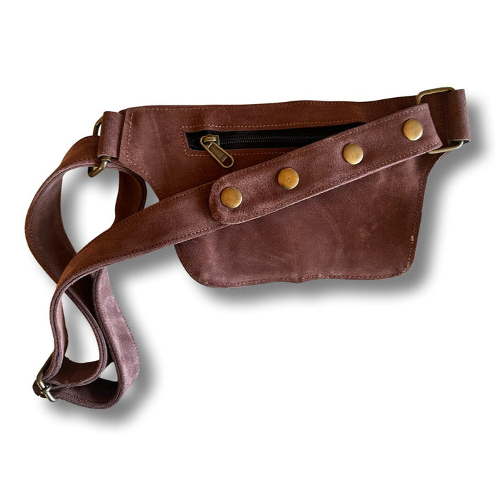 Unisex Leather Utility Belt | Brown Suede, 2 Pocket | travel, burning man, festival, hands-free style | flask holder