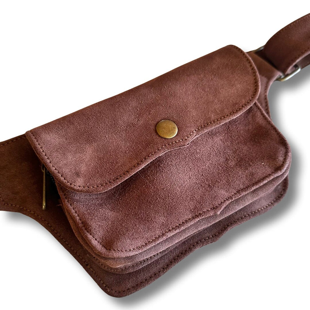 Unisex Leather Utility Belt | Brown Suede, 2 Pocket | travel, burning man, festival, hands-free style | flask holder