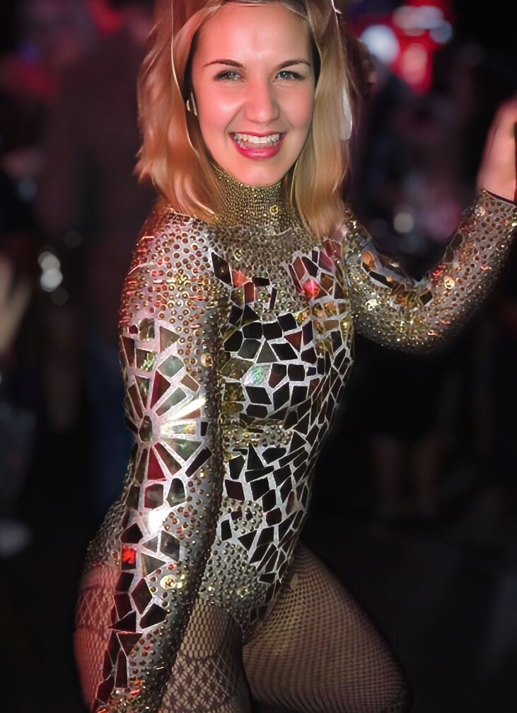 Luminous Mirror Bodysuit / Gold & Silver Rhinestone Leotard / Glass Disco Ball Festival / LUXE NYE Crystal Catsuit / Burning Man / Performer