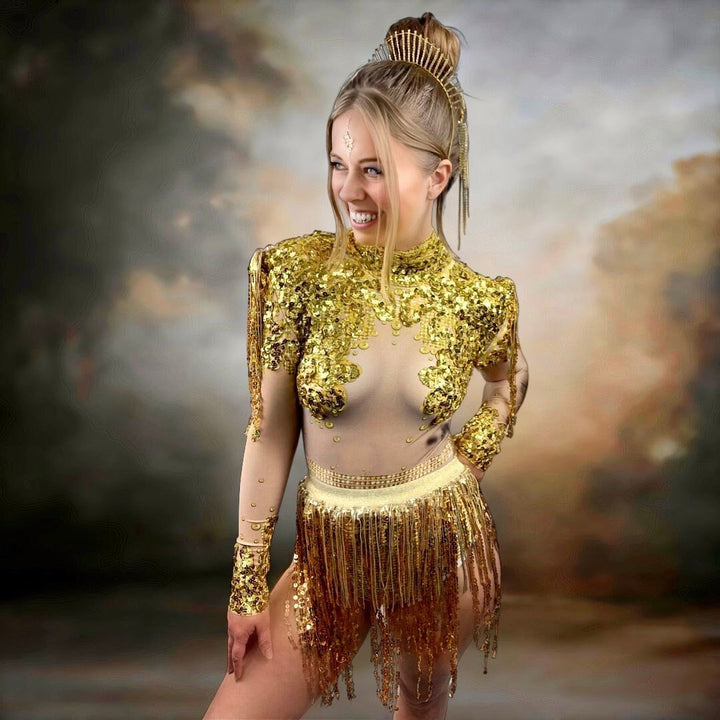 Athena Gold Sequin Leotard and Skirt / Festival Bodysuit / Halloween Party / Tassel Catsuit Burning Man Disco Performer Stage Costume Fringe