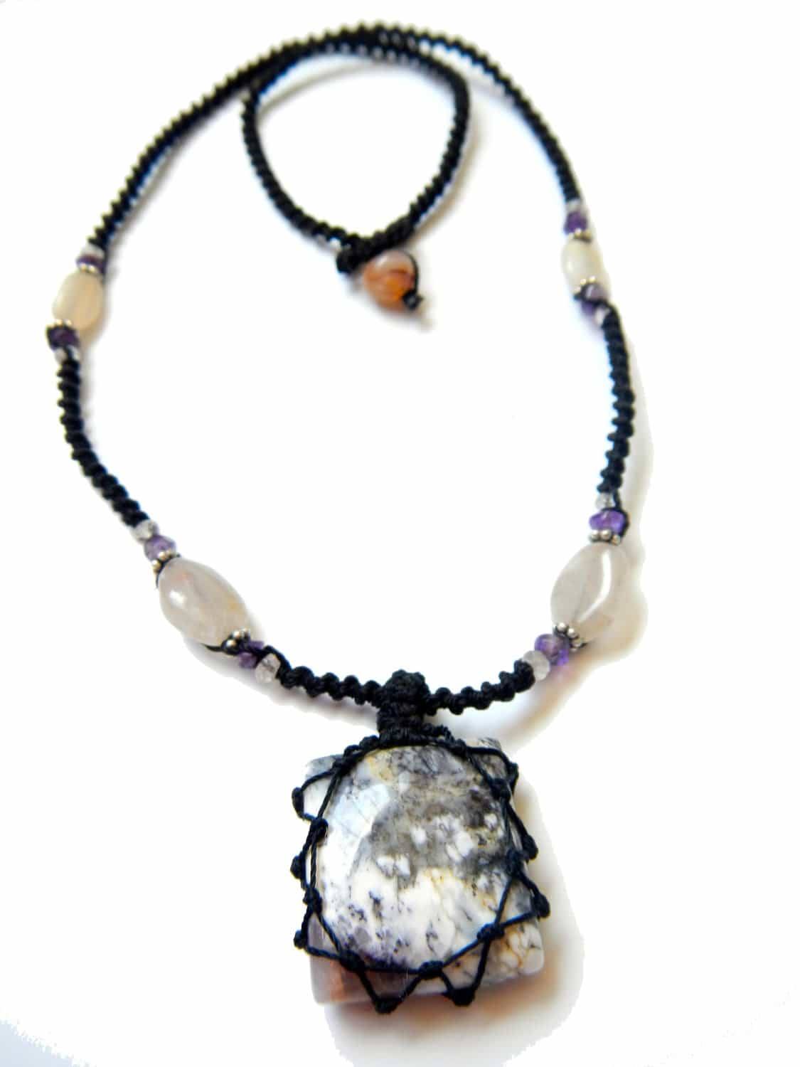 square Tree Agate macrame Necklace – Your Stone For Abundance- Bohemian healing crystal - Manifestie