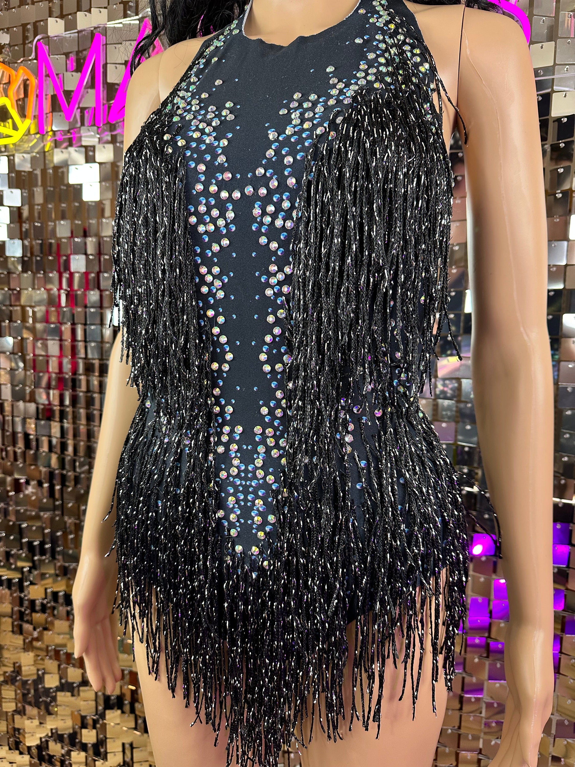 Lili Rhinestone Bodysuit / Black Tassel Festival Outfit / Cabaret New Years Eve Crystal Catsuit Burning Man / Dance Performer Leotard