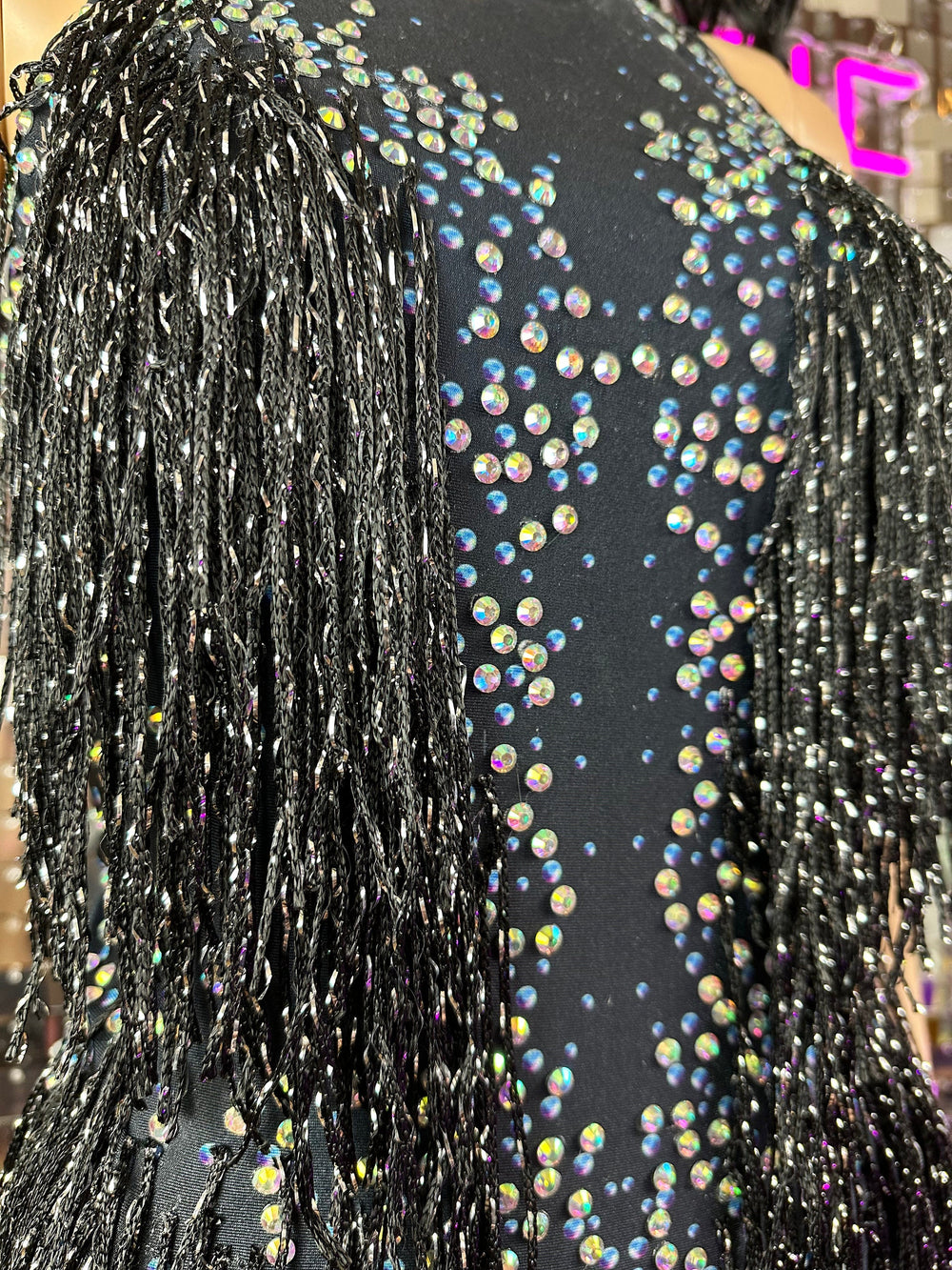 Taylor Rhinestone Bodysuit / Black Tassel Festival Outfit / Cabaret New Years Eve Crystal Catsuit Burning Man / Dance Performer Leotard