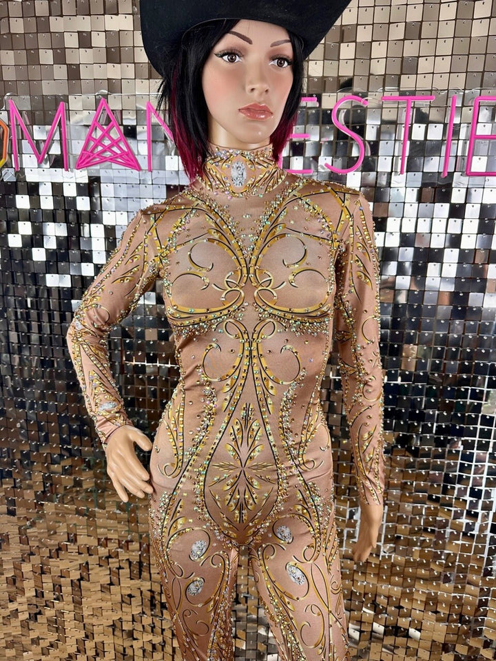 Surya Rhinestone Bodysuit / Gold Party Dress Diamond Crystal Catsuit / Festival Outfit / Desert NYE Tribal Burning Man Performer Disco Dance