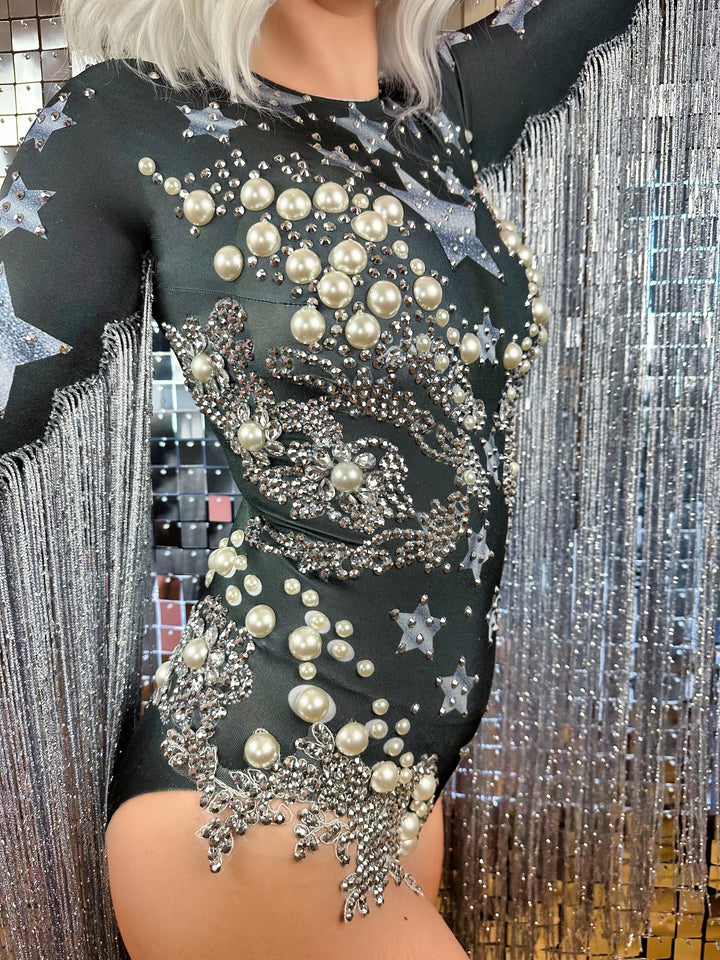 Festival Outfit / Halley's Fringe Rhinestone Bodysuit / Tassel Stars Pearls Disco NYE Crystal Catsuit Burning Man / Dance Costume Leotard