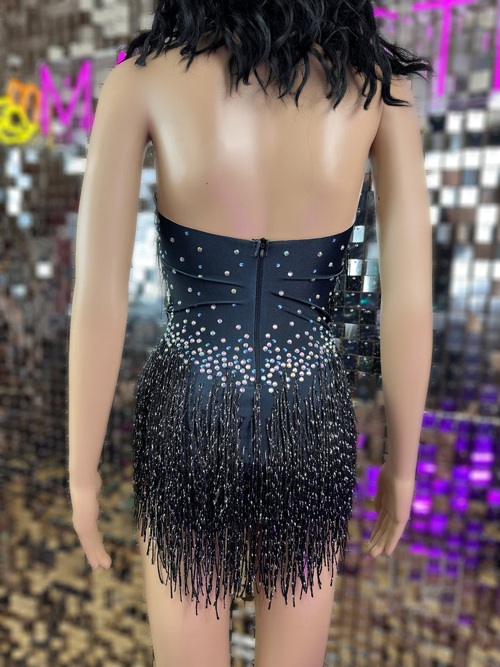 Lili Rhinestone Bodysuit / Black Tassel Festival Outfit / Cabaret New Years Eve Crystal Catsuit Burning Man / Dance Performer Leotard