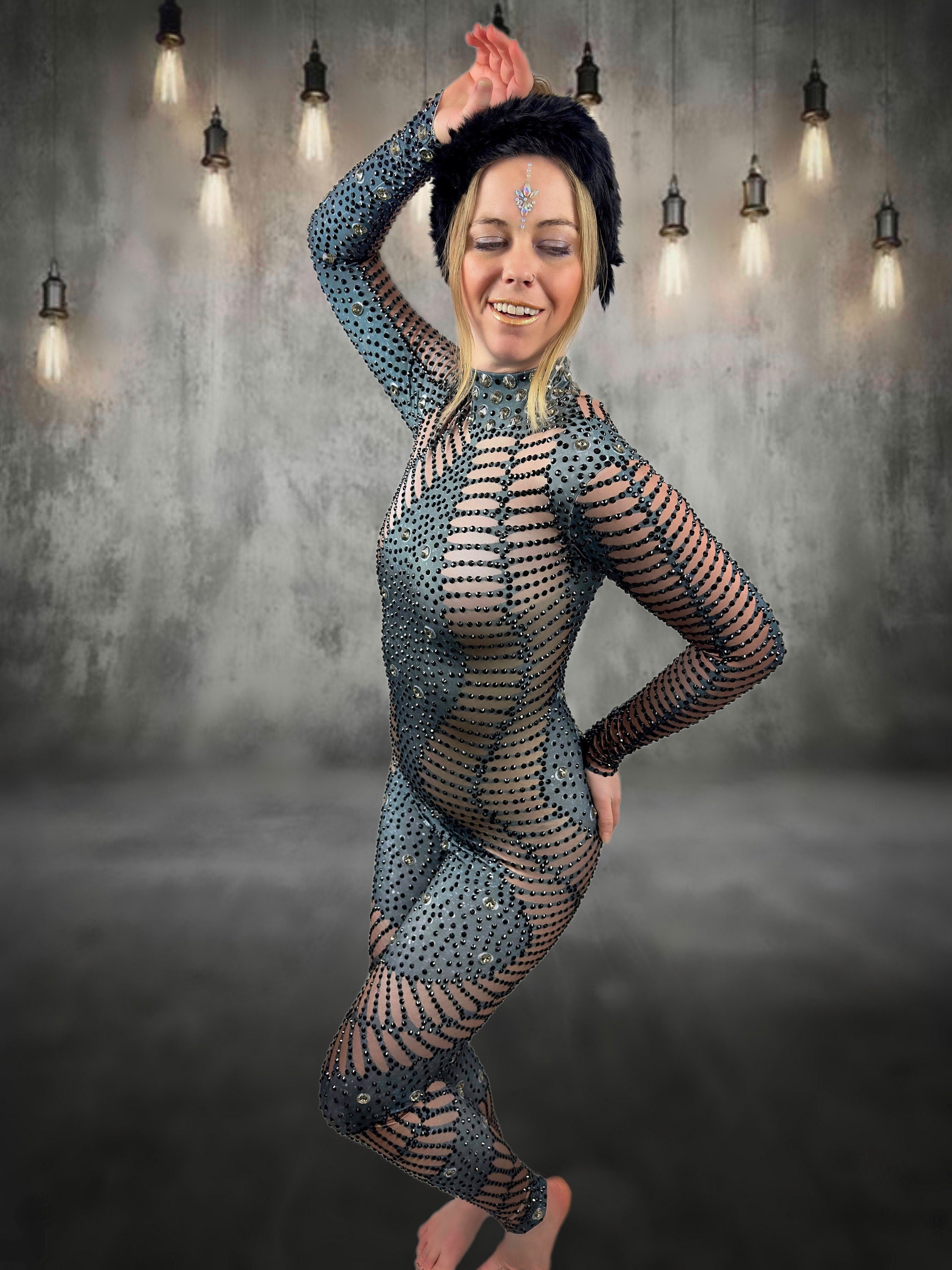 Kira Rhinestone Bodysuit / Black Diamond Party Dress Festival Outfit / Sexy Rave Crystal Catsuit / Burning Man Stage Performer Disco Costume