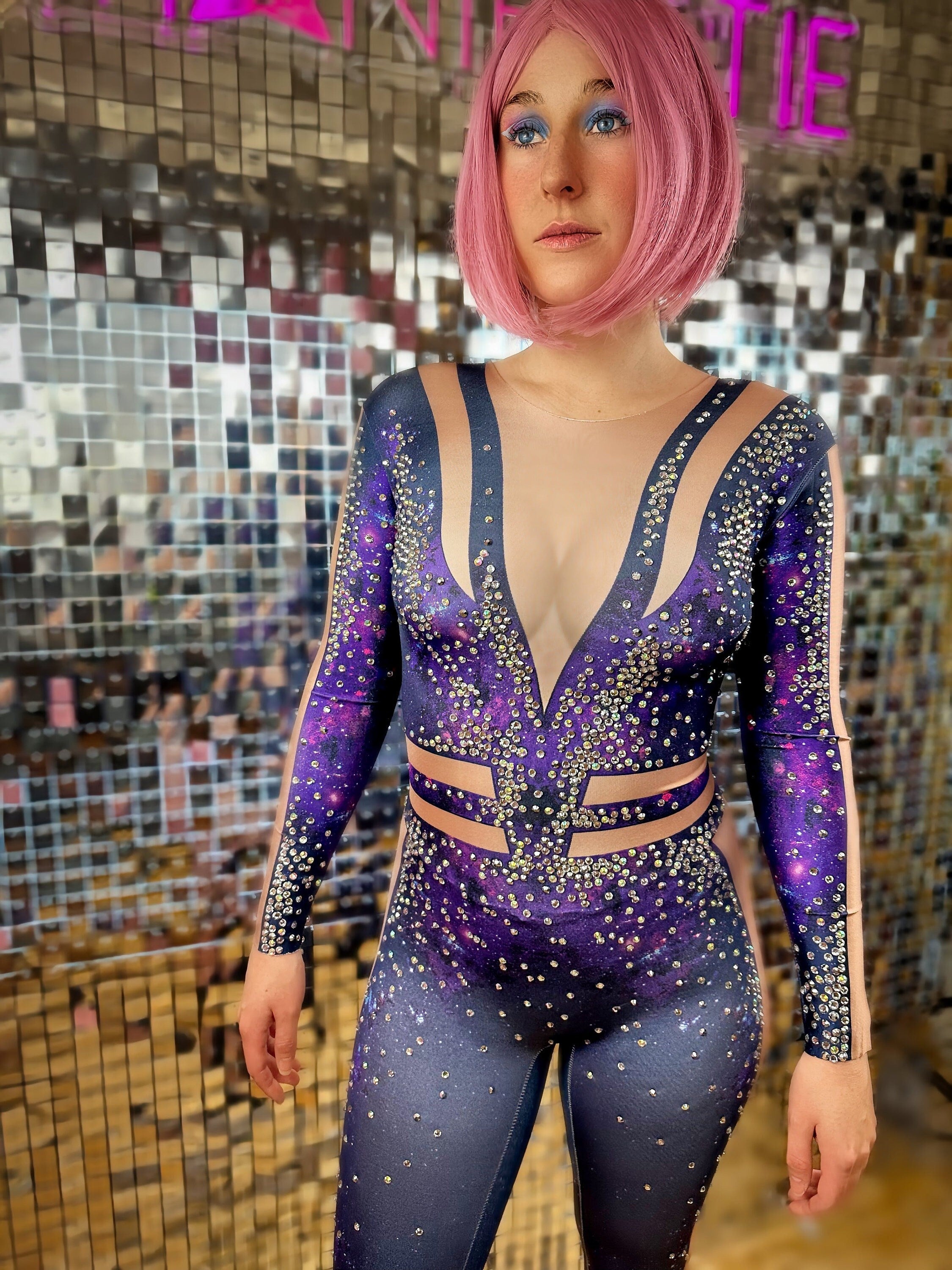 Andromeda Galaxy Rhinestone Bodysuit / Purple Diamond Catsuit / Alien Space Rave Festival / Burning Man / Dance Performer Disco Futuristic