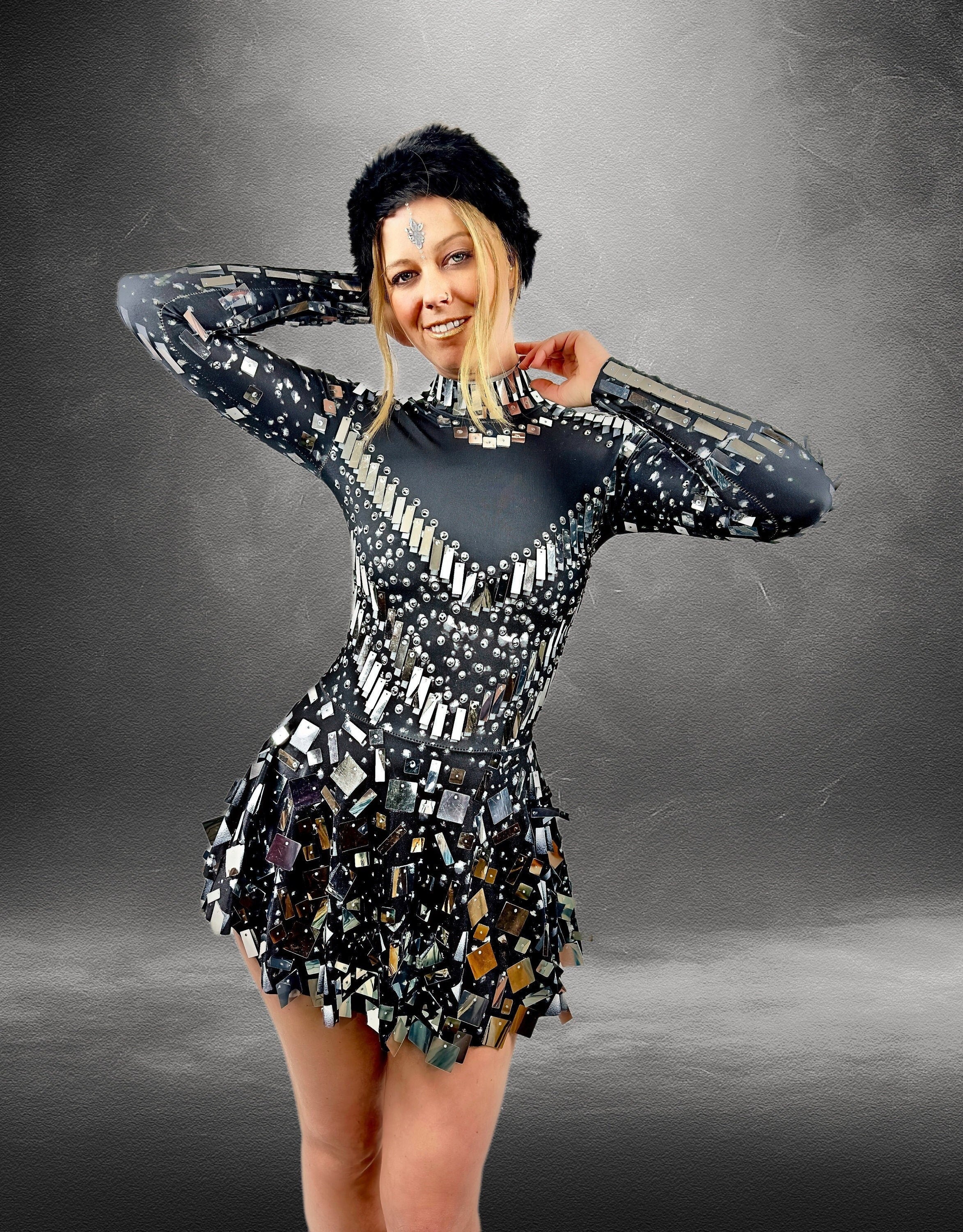 Astraea Silver Mirror Party Dress / Reflective Disco Ball Bodysuit / Sequins Futuristic Mirror Festival Rave Metallic Dance Burning Man NYE