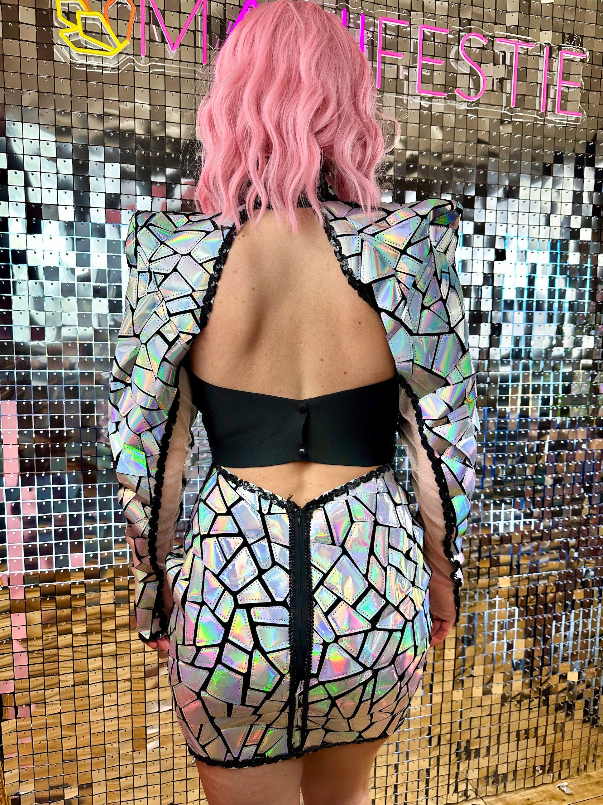 Ruby SciFi Dress / Geometric Lady Gaga Holographic Costume / Futuristic Alien Space Rave / Pointed Shoulders Mesh Catsuit Harley Quinn