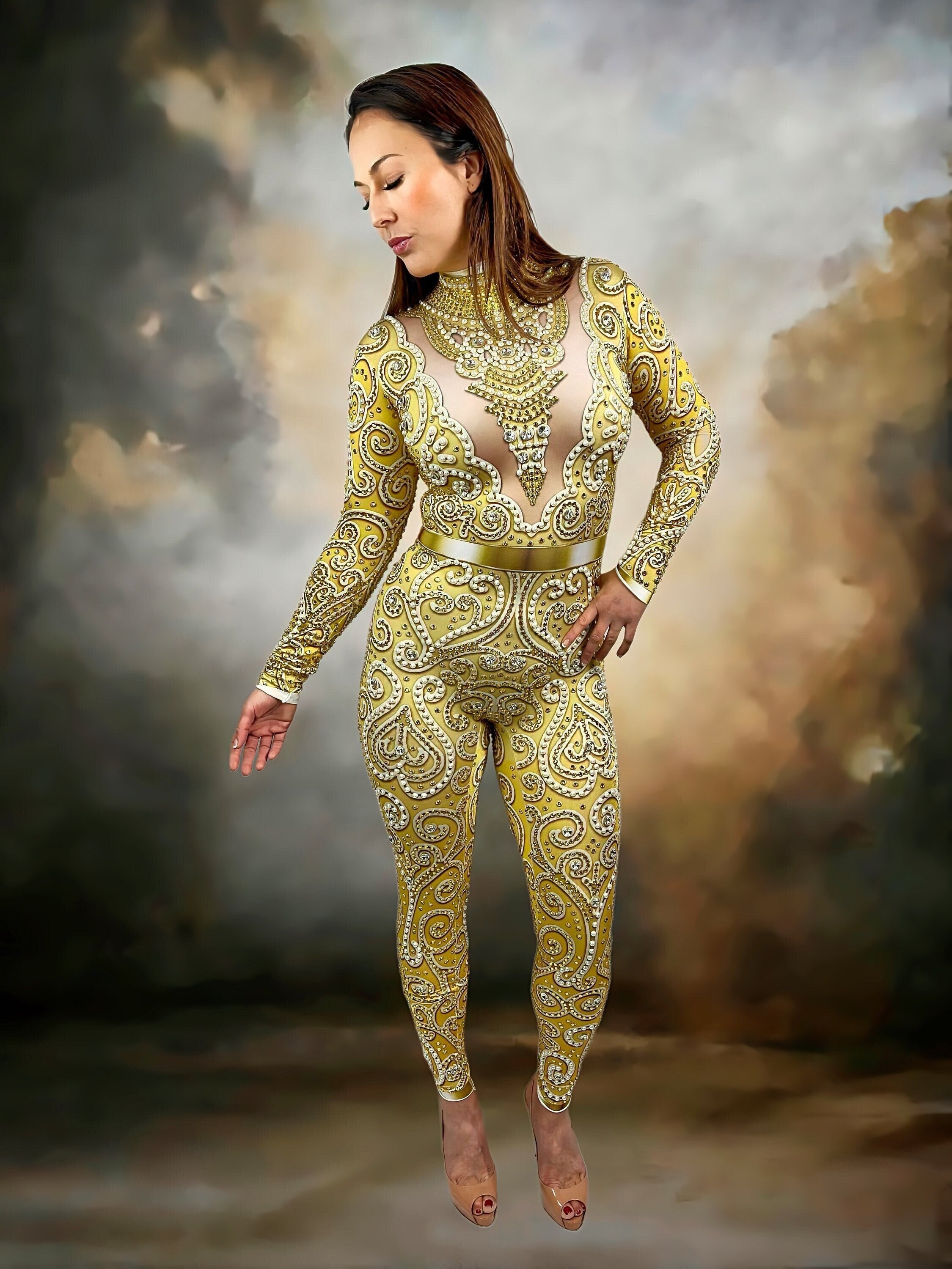 Venus Rhinestone Luxury Bodysuit / Gold Pearl Diamond Catsuit Festival Wedding Disco Dance Crystal Burning Man Performer Aerial NYE Costume
