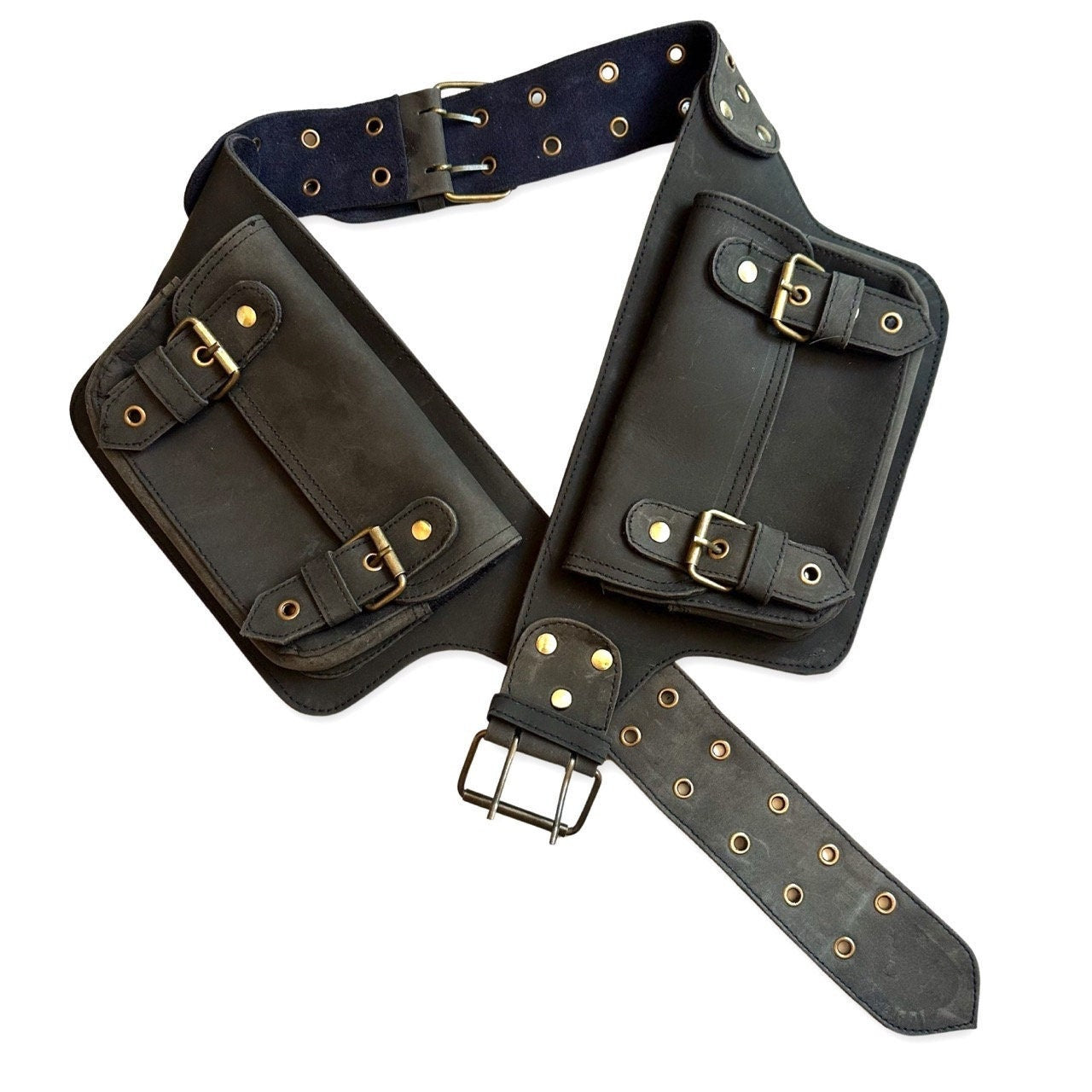 Black Genuine Leather Utility Belt, 4 pocket, Pocket Belt Leather, fanny pack, travel belt, festival, party purse, vendor belt, money belt