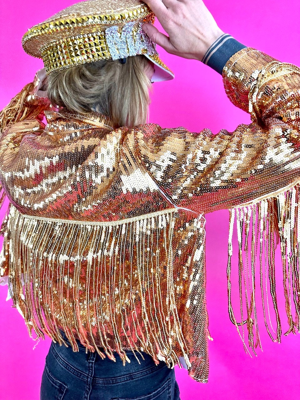 Womens Gold Sequin Jacket, Disco Jacket, Vintage Fringed Coat, Boho Tinsel Jacket with Tassels, Western Jacket, Bohemian Party Jacket
