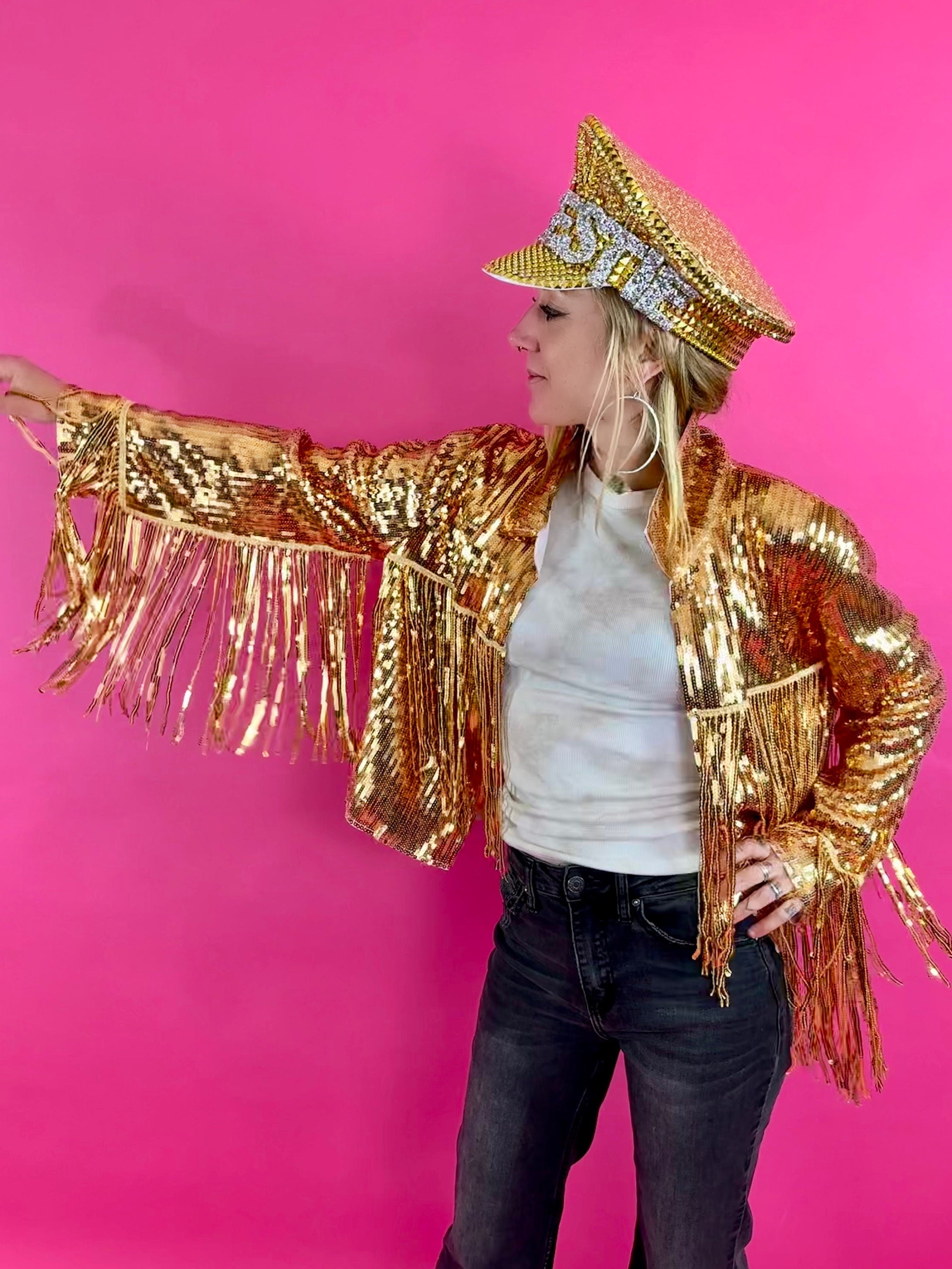 Womens Gold Sequin Jacket, Disco Jacket, Vintage Fringed Coat, Boho Tinsel Jacket with Tassels, Western Jacket, Bohemian Party Jacket