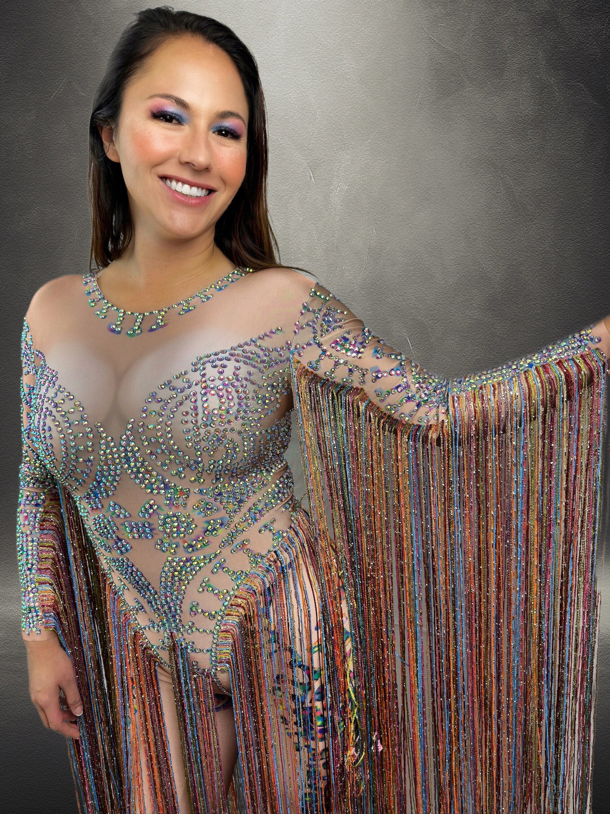 The Elton Rhinestone Bodysuit / Long Tassel Festival Outfit / Party Dress Crystal Catsuit Burning Man Dance Performer Costume Drag Fringe