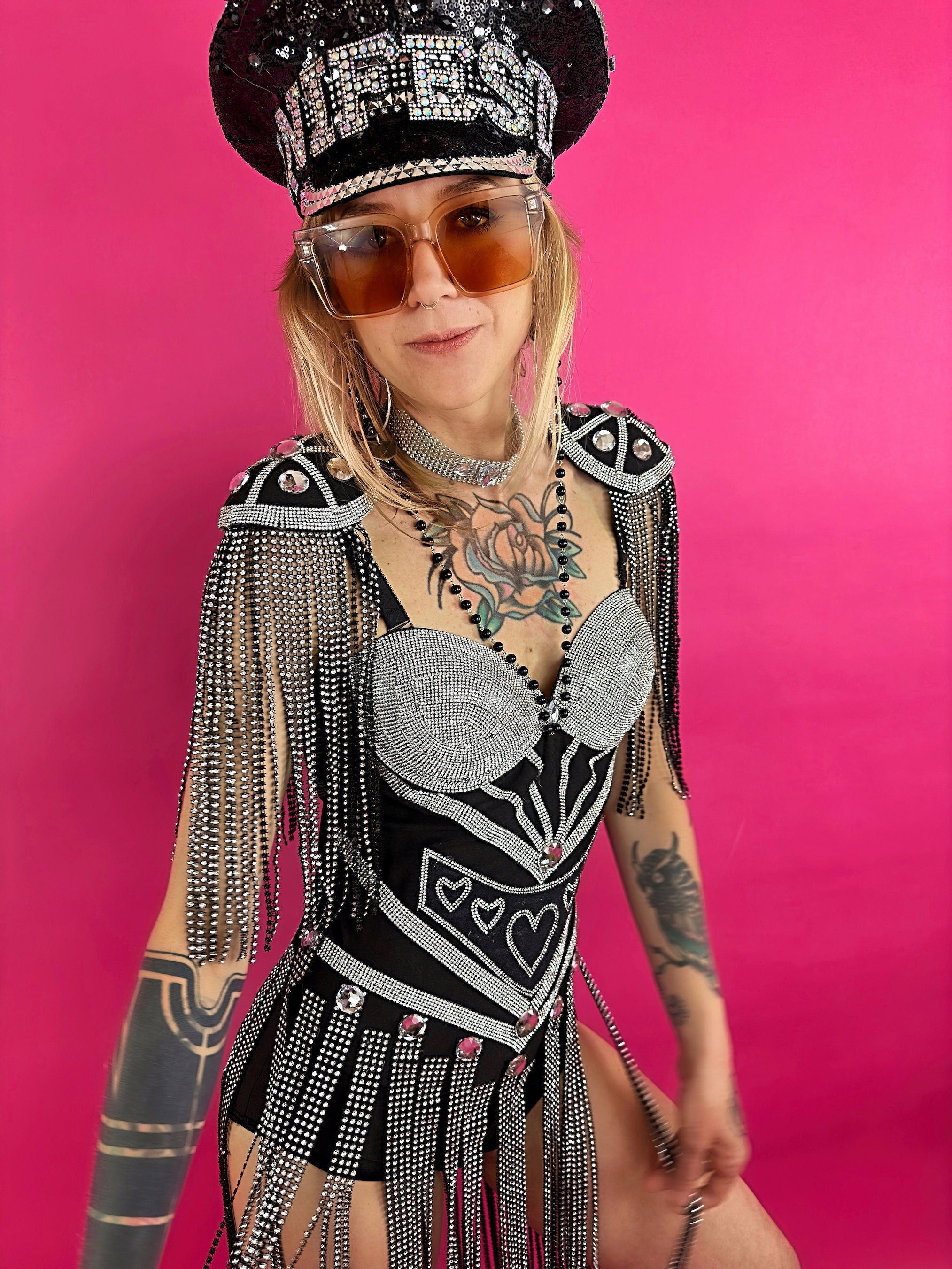Xena Crystal Bodysuit / Black Rhinestone Tassel Festival Outfit / Fringe and Hearts Party Dress / Catsuit Burning Man / Dance Performer