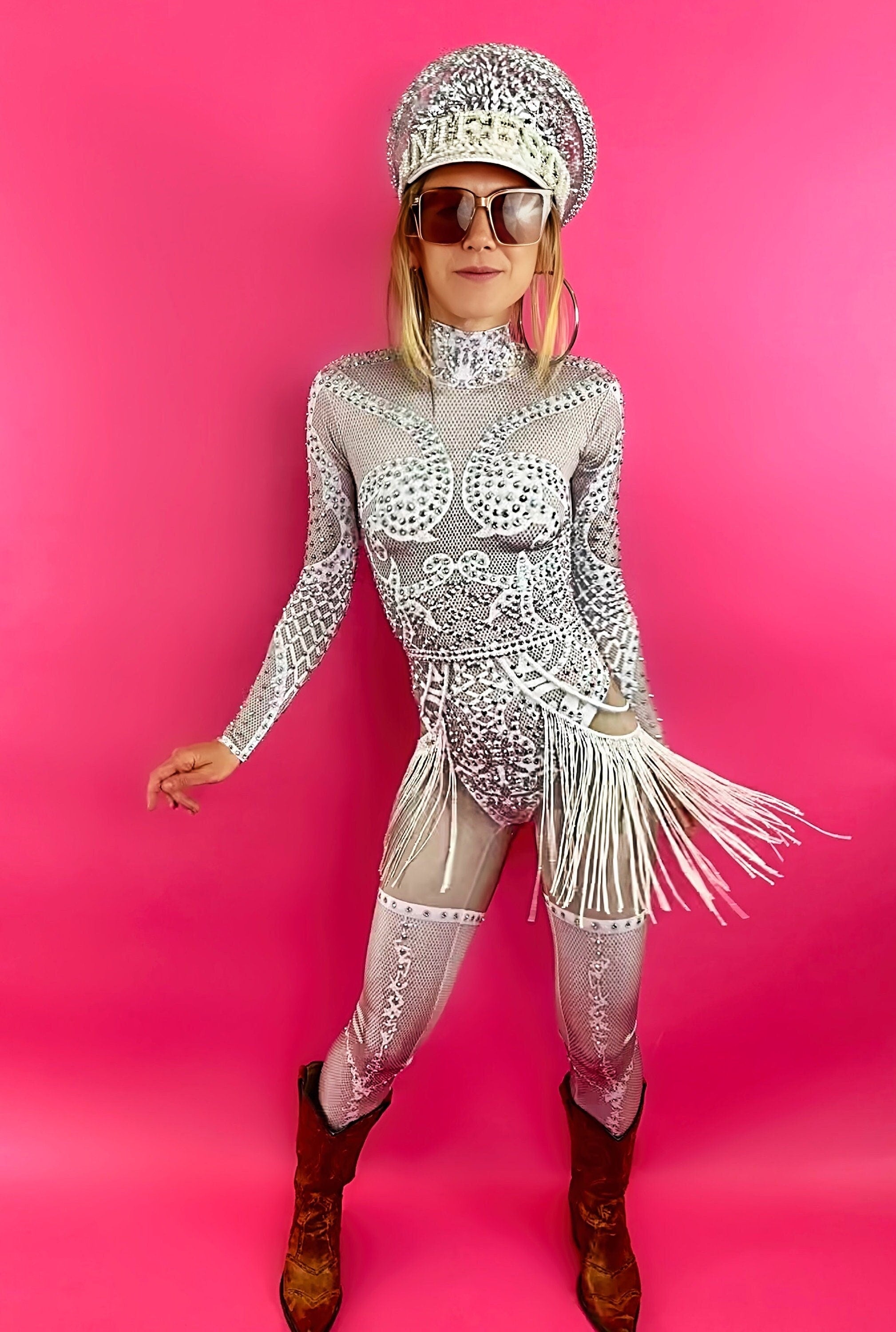 Josephine Rhinestone Bodysuit / White Fringe Princess Catsuit / Crystal Festival Tassel Dance / Drag Burning Man Sequin Performer Burlesque