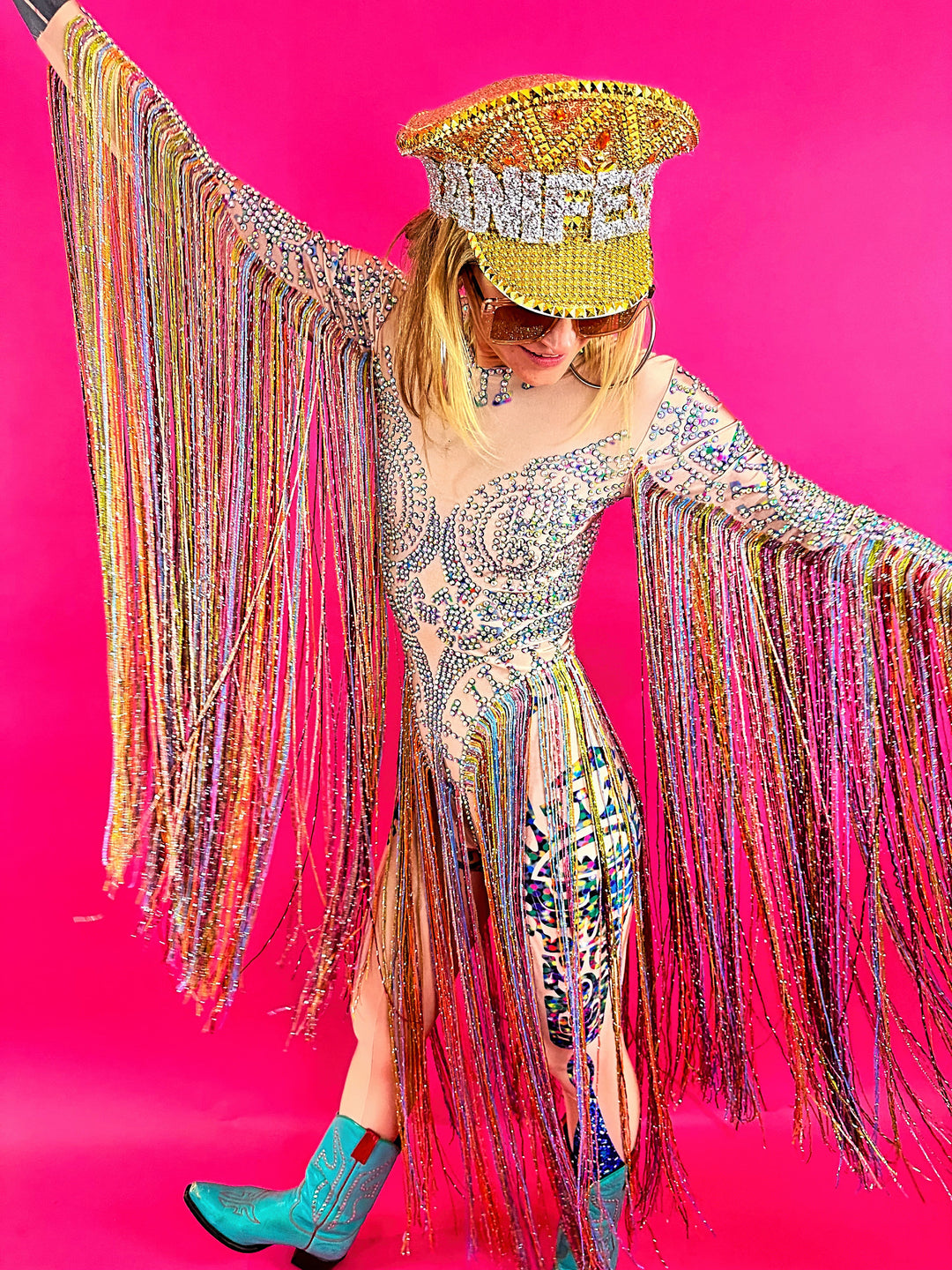 The Elton Rhinestone Bodysuit / Long Tassel Festival Outfit / Party Dress Crystal Catsuit Burning Man Dance Performer Costume Drag Fringe