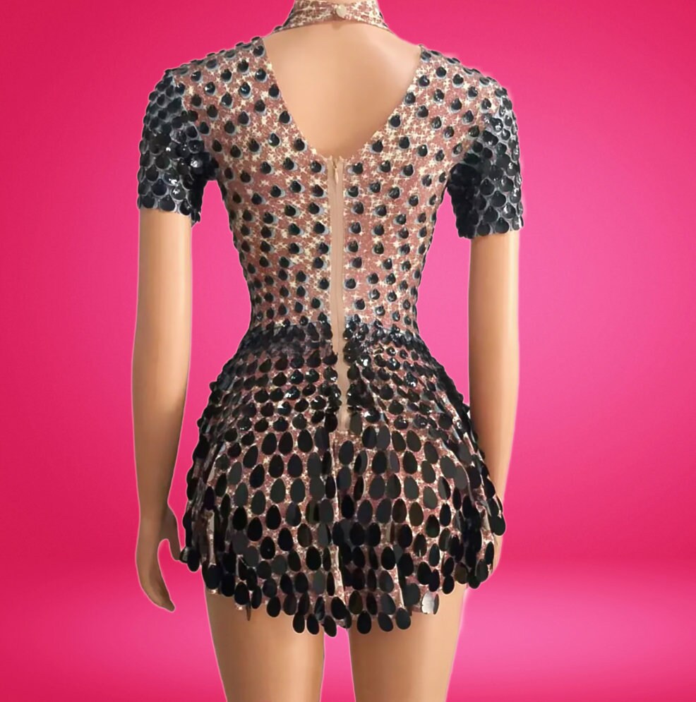 Helen Black Sequins Party Dress - Bodysuit / Womens Burning Man Outfit NYE Performance Sparkle Club Festival / Metallic Rave Seashells