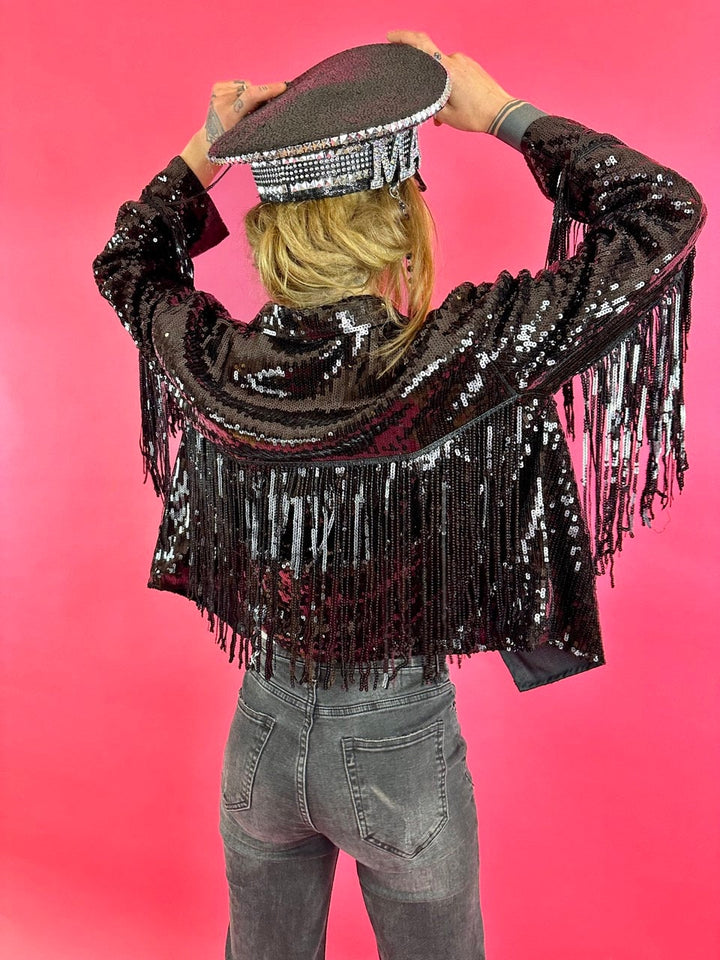 Womens Black Sequin Jacket, Disco Jacket, Vintage Fringed Coat, Boho Tinsel Jacket with Tassels, Western Jacket, Bohemian Party Jacket