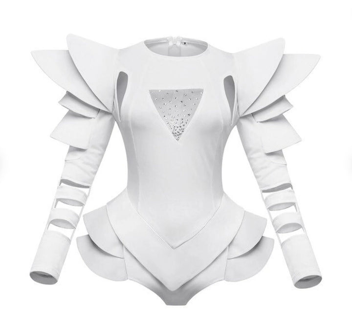 Leeloo SciFi Dress / Geometric Lady Gaga Costume / Futuristic Alien Space Girl / Cutout Shoulders Mesh Cosplay Catsuit