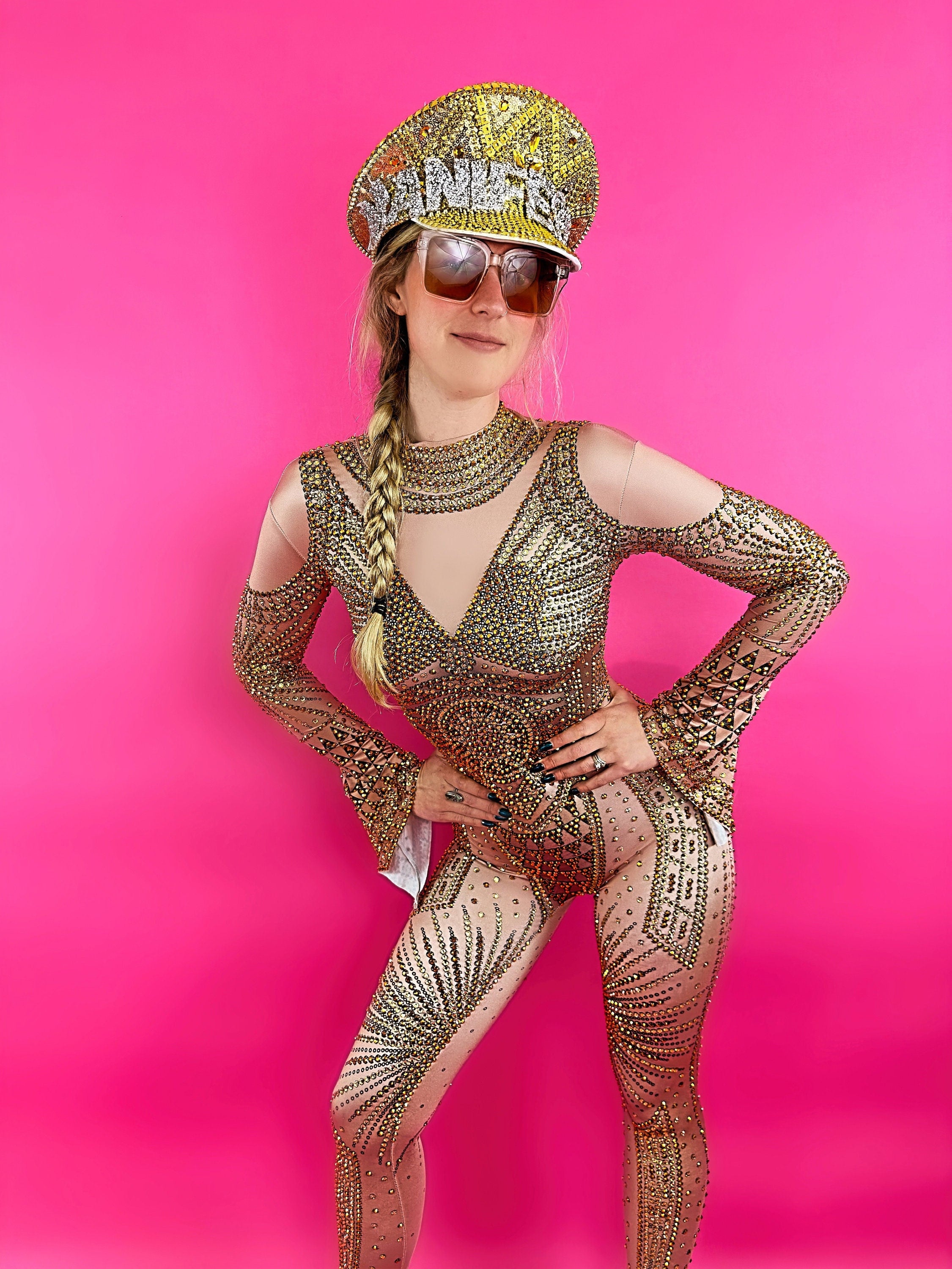 Ara Rhinestone Bodysuit / Gold Sun Party Dress Diamond Crystal Catsuit / Festival Outfit / Desert NYE Tribal Burning Man Performer Dance