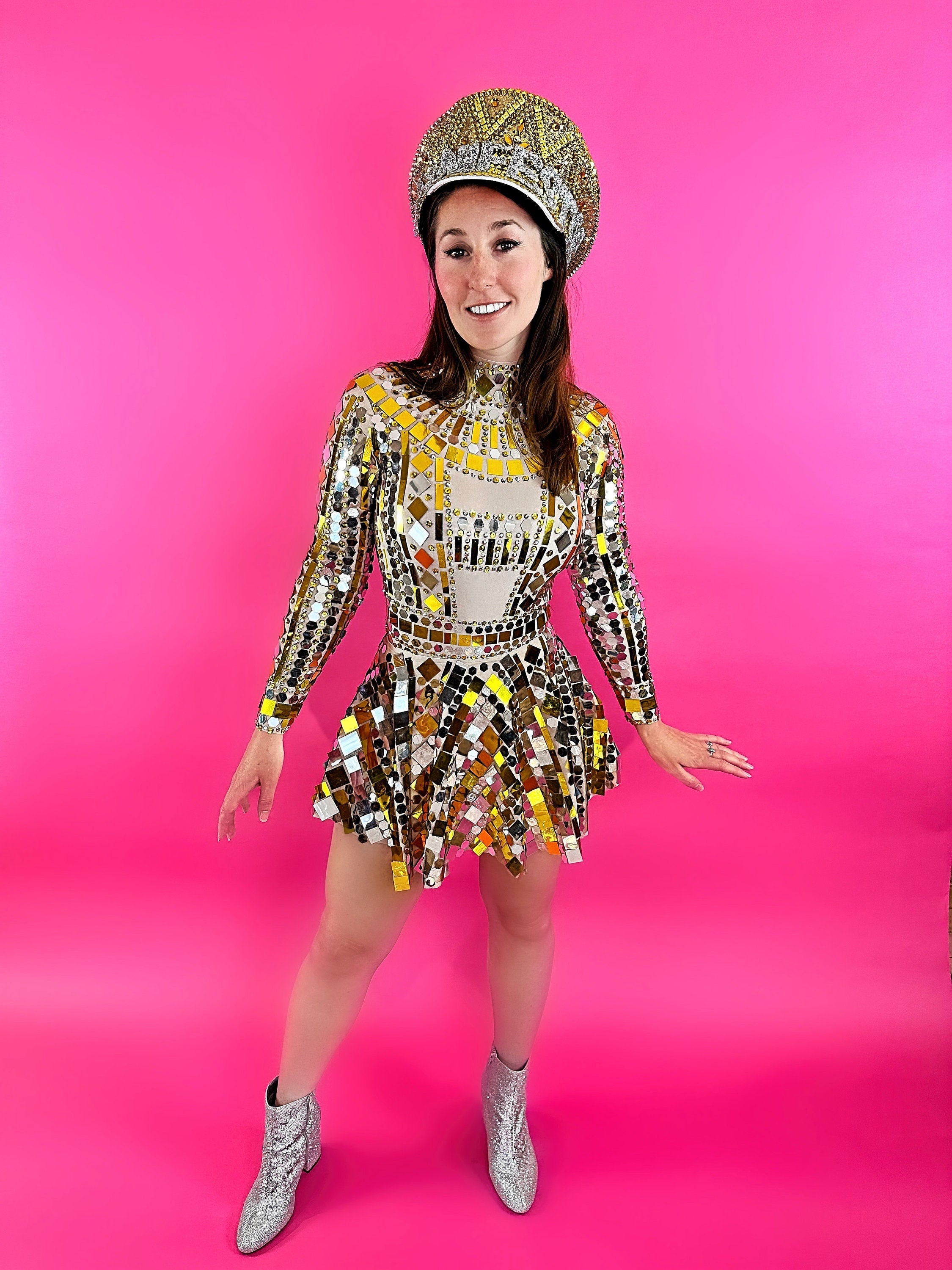Cleo Reflective Sequins Party Dress / Gold Bodysuit, Skirt Jumpsuit / Futuristic Reflective Disco Ball Catsuit Burning Man Mirror leotard