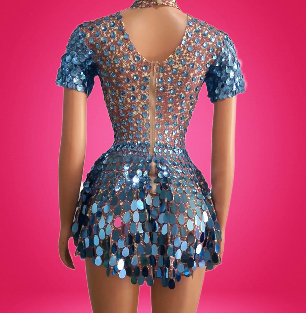 Helen Blue Sequins Party Dress - Bodysuit / Womens Burning Man Outfit NYE Performance Sparkle Club Festival / Metallic Rave Seashells
