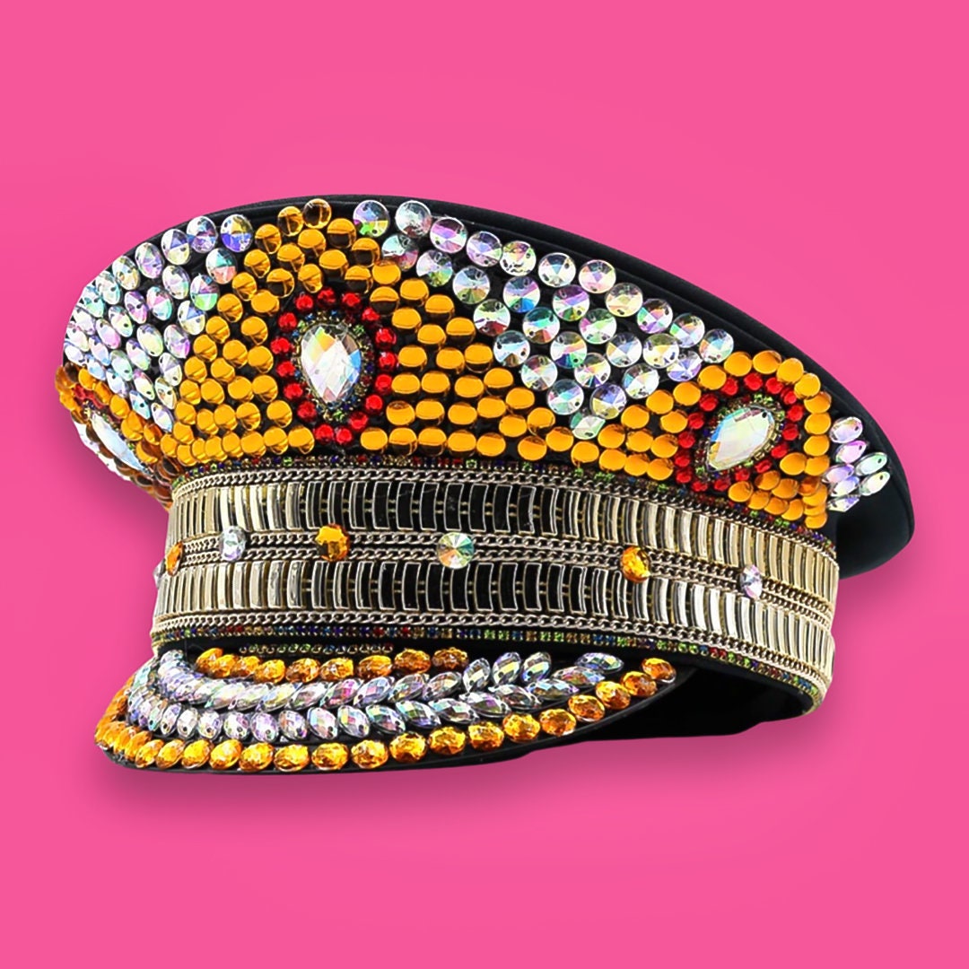 Multicolored Gold Rhinestone Hat / Sequin Hat / Party Captain Hat / Festival Hat / EDC Hat, Rave Hat / Birthday Hat / Custom Phrase Hat