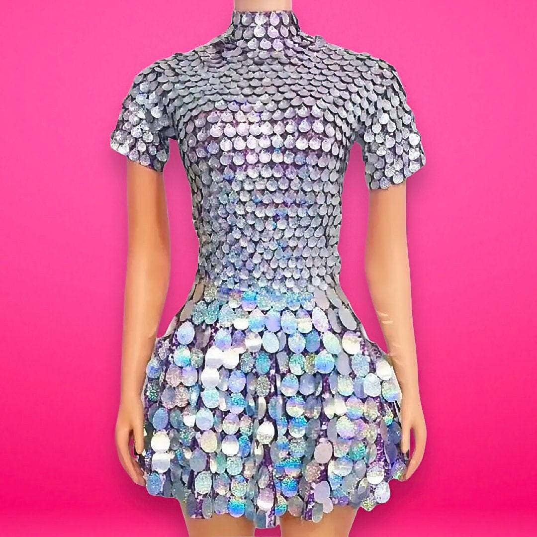Helen Silver Iridescent Sequins Party Dress - Mermaid / Womens Burning Man Outfit NYE Sparkle Club Festival / Metallic Rave Seashells