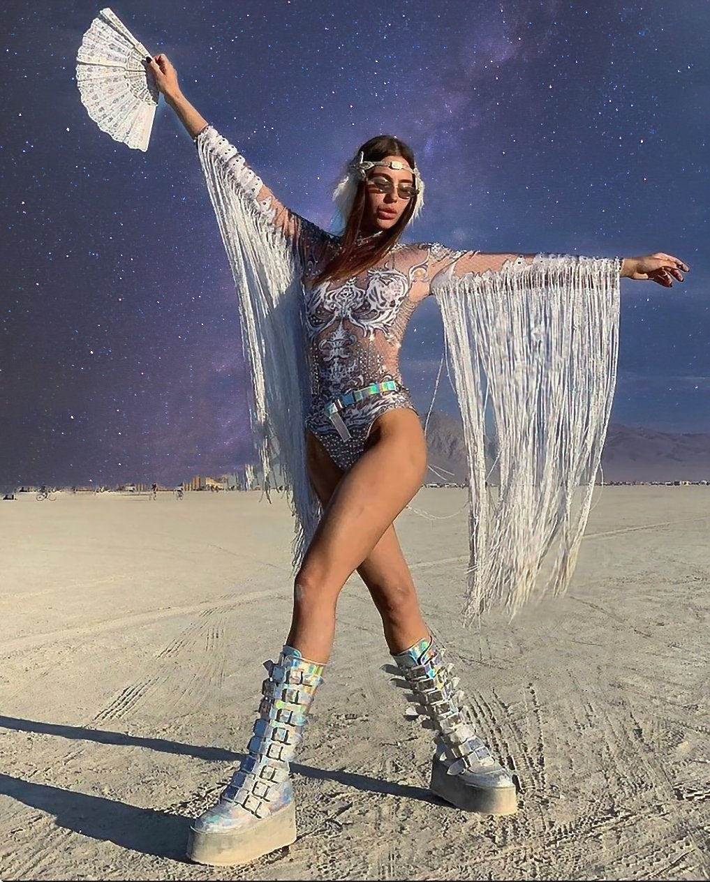 Kateri White Festival Outfit, Sequin Tassel Fringe Bodysuit Catsuit Party Dress Sequin Jumpsuit Burning Man Bride Cowgirl Stagecoach Goddess