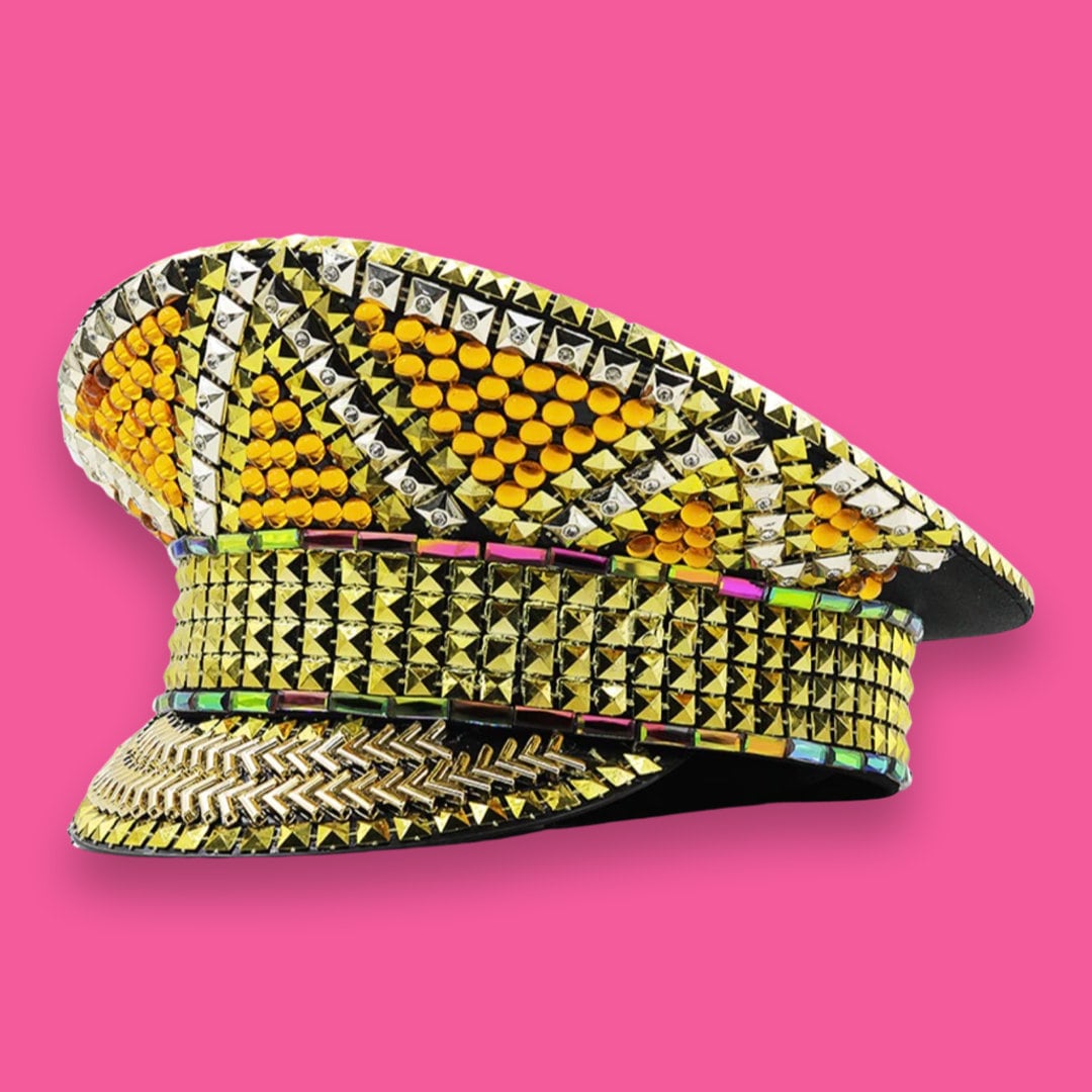 Multicolored Gold Rhinestone Hat / Sequin Hat / Party Captain Hat / Festival Hat / EDC Hat, Rave Hat / Birthday Hat / Custom Phrase Hat