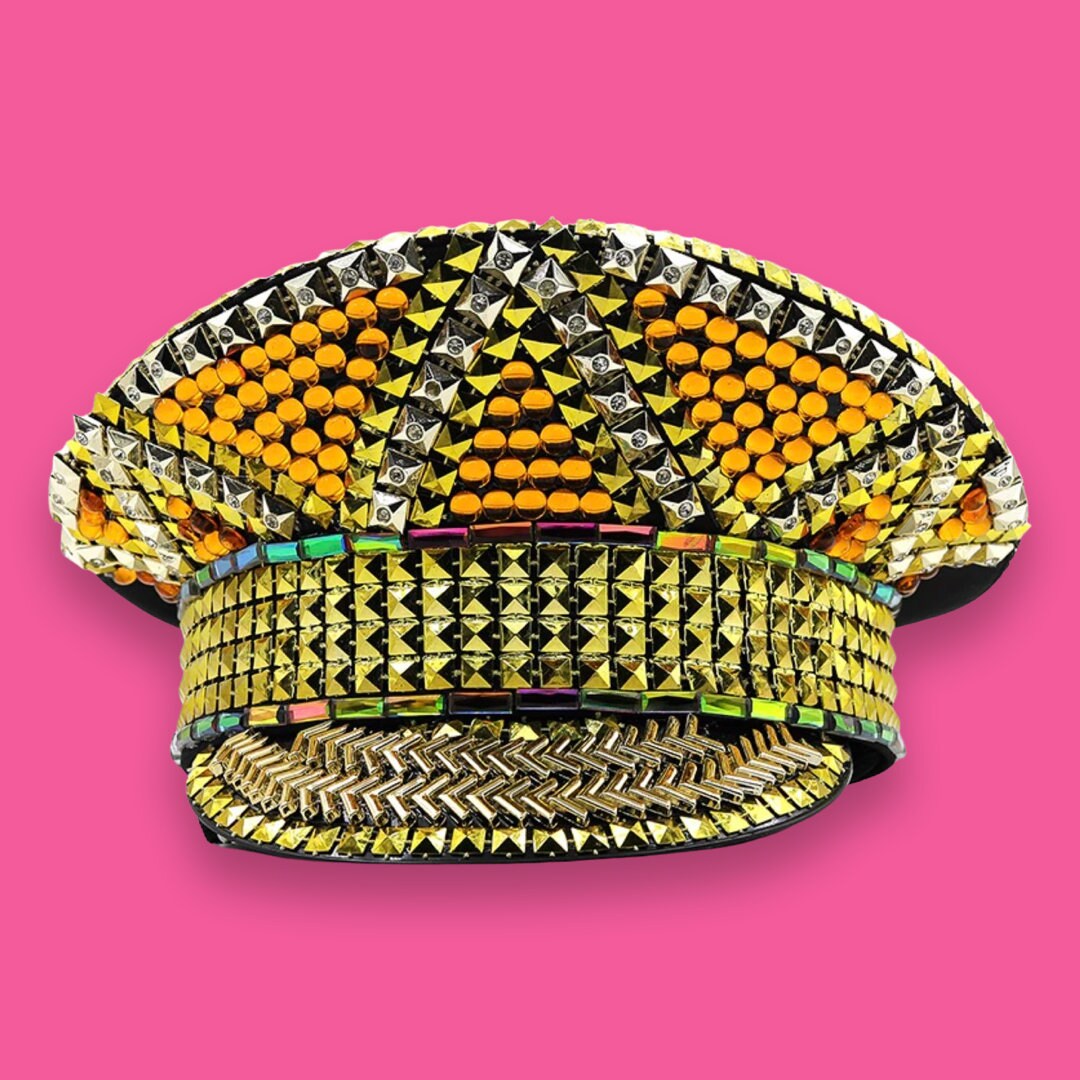 Multicolored Gold Rhinestone Hat / Sequin Hat / Party Captain Hat / Festival Hat / EDC Hat, Rave Hat / Birthday Hat / Custom Phrase Hat