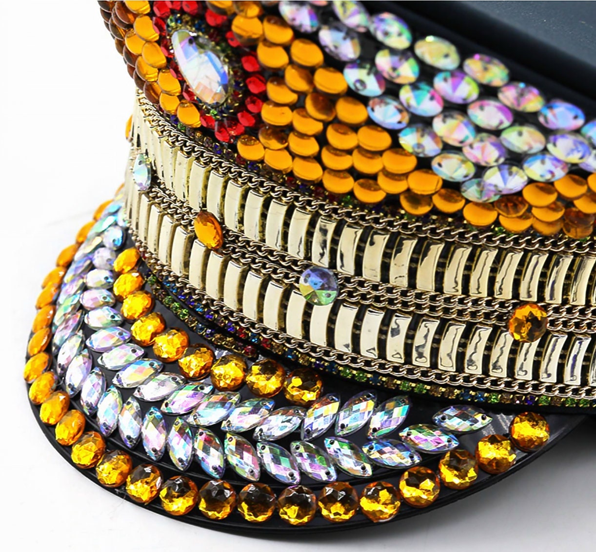 Multicolored Gold Rhinestone Hat / Sequin Hat / Party Captain Hat / Festival Hat / EDC Hat, Rave Hat / Birthday Hat / Custom Phrase Hat