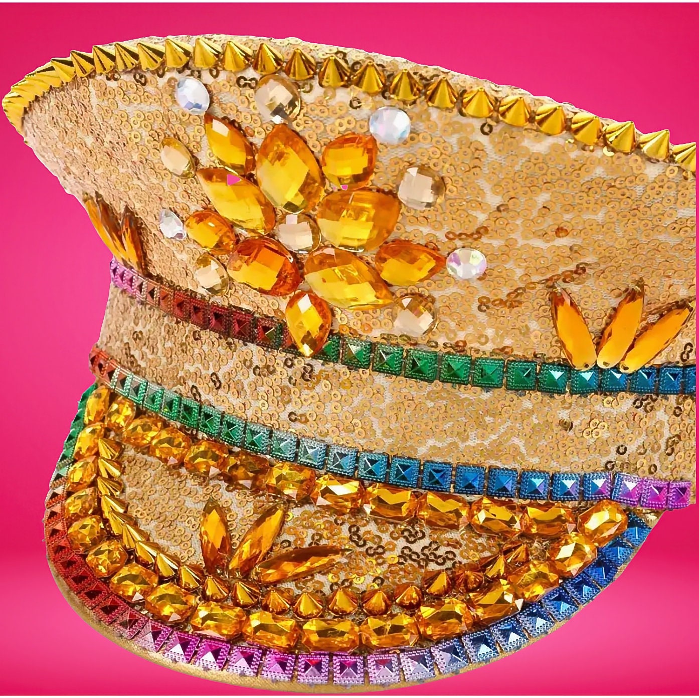 Rainbow Gold Rhinestone Hat / Sequin Hat / Party Captain Hat / Festival Hat / EDC Hat, Rave Hat / Birthday Hat / Custom Phrase Hat