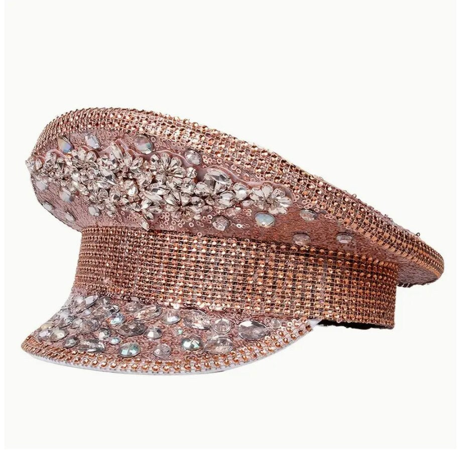 Rose Gold Rhinestone Hat / Pink Sequin Hat / Party Captain Hat / Festival Hat / EDC Hat, Rave Hat / Birthday Hat / Custom Phrase Hat