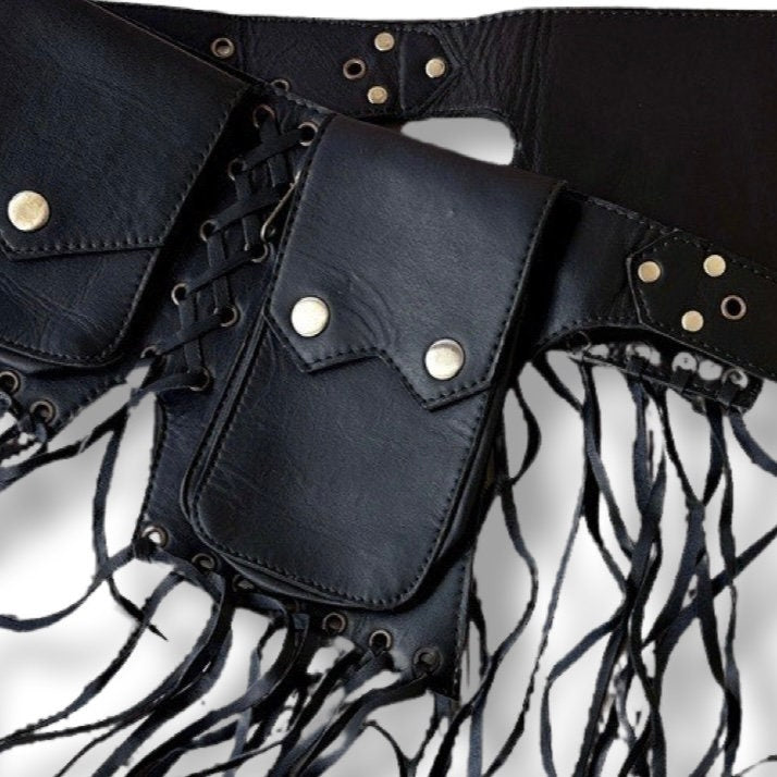 UPDATED Genuine Leather Utility Belt | Black Tassels, 5 pockets | fanny pack travel belt, festival, party purse, vendor belt, money belt