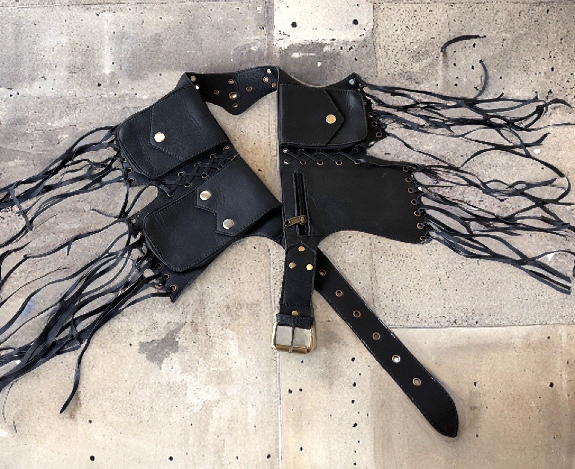 UPDATED Genuine Leather Utility Belt | Black Tassels, 5 pockets | fanny pack travel belt, festival, party purse, vendor belt, money belt