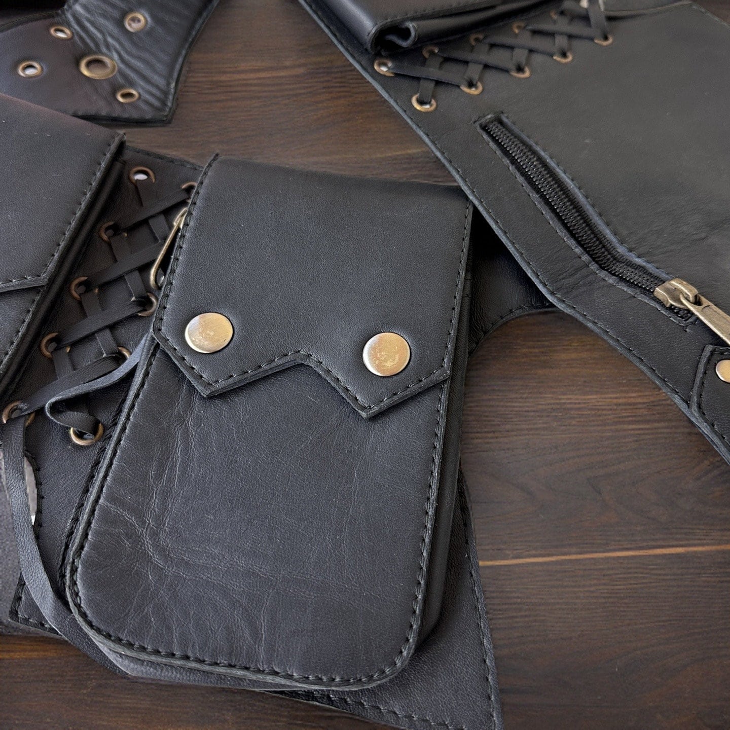 UPDATED Genuine Leather Utility Belt | Black, 5 pockets | fanny pack travel belt, festival, party purse, vendor belt, money belt