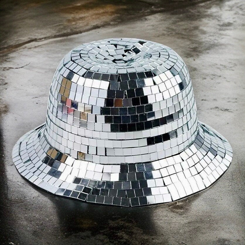 Boombox Disco Ball Bucket Hat / Glass Silver Disco Tiles / Sequin