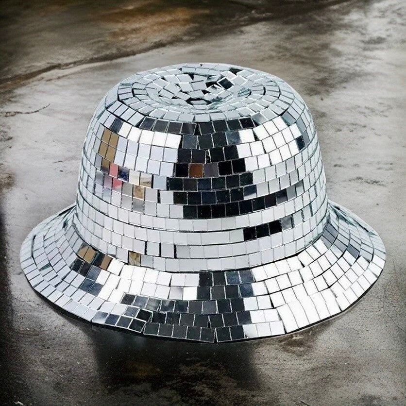 Disco Ball Bucket Hat / Glass Silver Disco Tiles / Sequin Hat / Party Hat / Festival Hat, Burning Man Hat, EDC Hat, Rave Hat / Birthday Hat