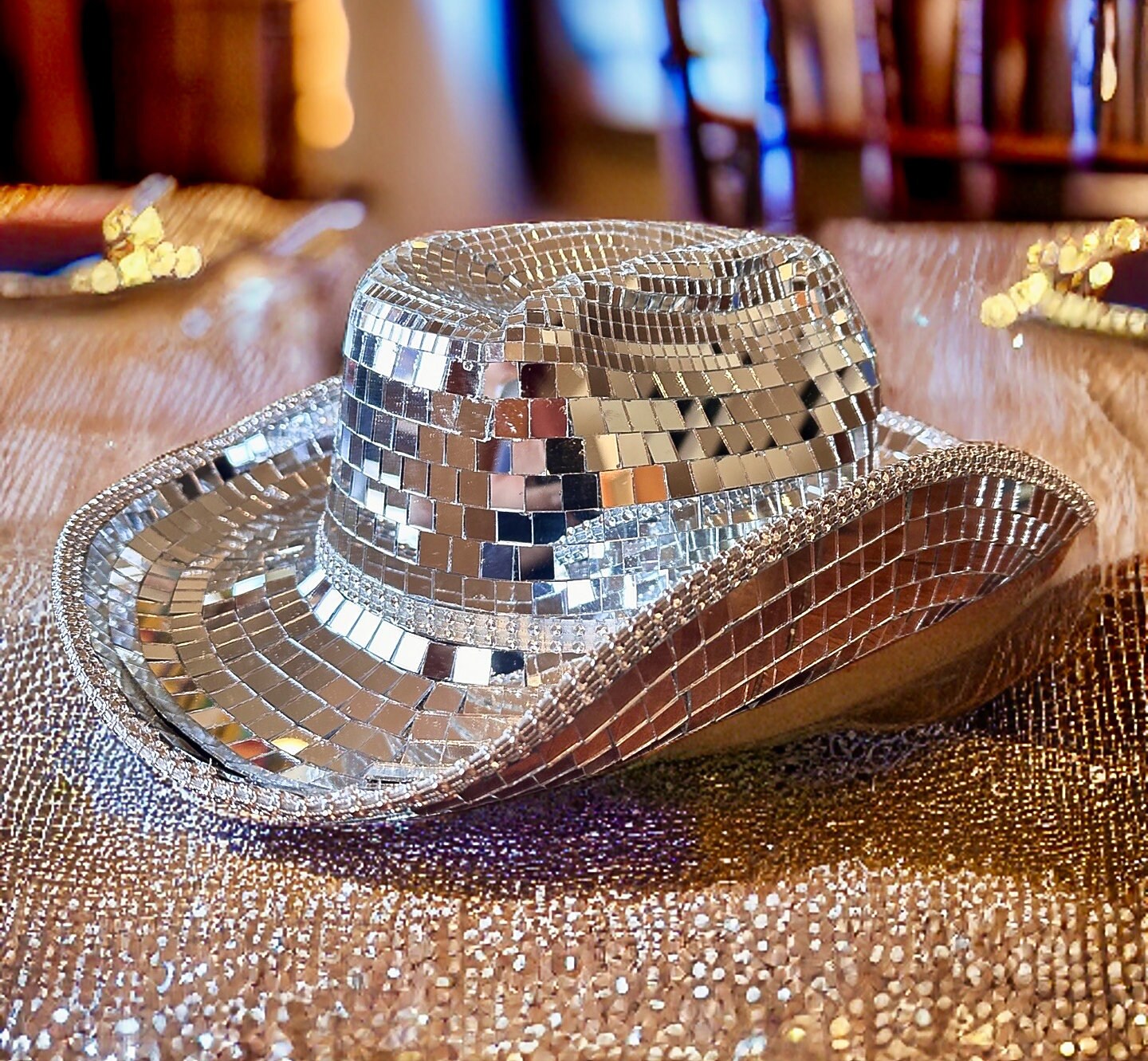 Afterglo Disco Ball Cowboy Hat- Silver Sequin, Ideal for Festivals, Renaissance Tour, Eras Tour, Raves, Bachelorette Birthday Parties, Rodeo