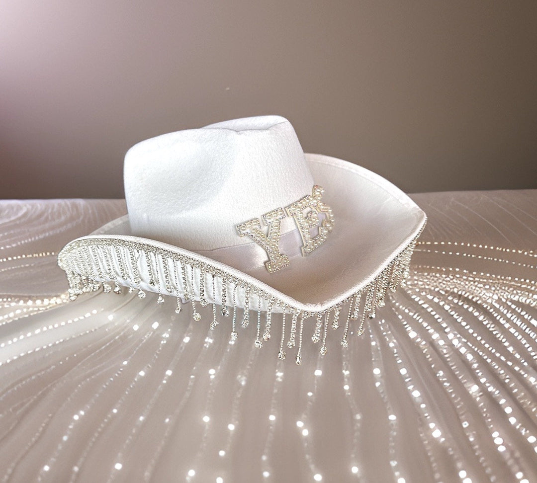 White Cowboy Hat with Rhinestone Tassels, Concert Hat, Felt Hat, Rave Hat, Bachelorette Birthday Hat, Rodeo Hat, Festival Hat, Bride Hat