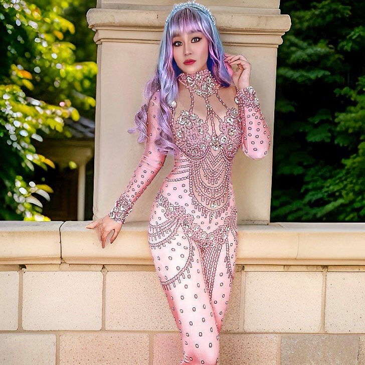 Karma Rhinestone Bodysuit / Pink Diamond Jumpsuit / Festival Outfit, Wedding Party Dress, Burning Man Performer, NYE Dance Costume