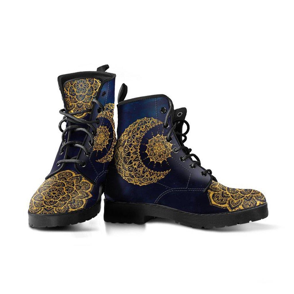 Gold Sun and Moon on Blue Vegan Leather Boots - Manifestie